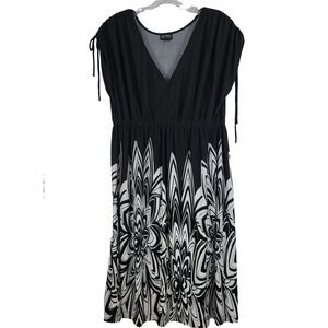 Soho Waist Defined Dress Ruched Tie Shoulder Women 16  Black White Floral Office